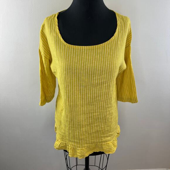 Lungo L'Arno Yellow White M Top Striped Round Neck 3/4 Sleeve Ruffle ITALY - Picture 2 of 9